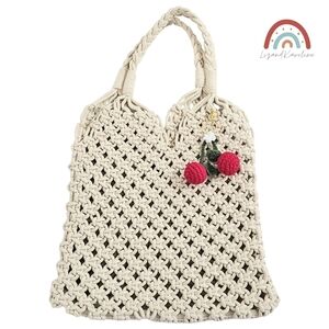 New! J. Crew Cadiz Hand Knotted Crochet Rope Tote with Cherry Bag Charm